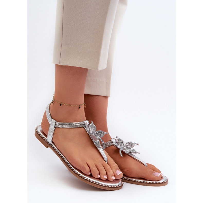 Naisten litteät sandaalit koristeellisella kukkalla, Silver Edoni hopea 1