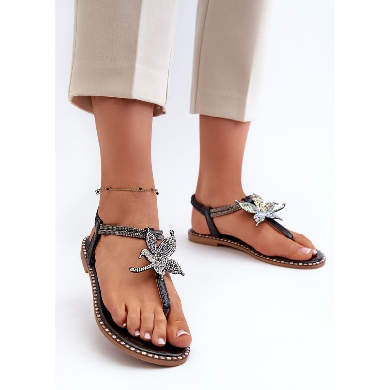 Naisten litteät sandaalit koristeellisella kukalla, Black Edoni musta 2