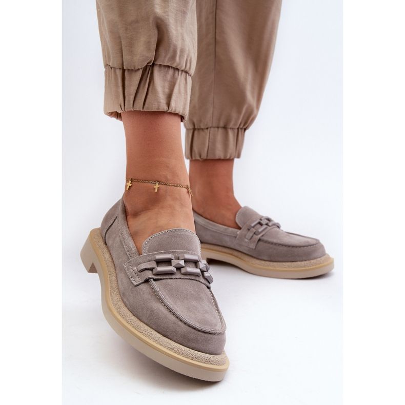 S.Barski Naisten mokkanahkaiset mokasiinit tasaisella kantapäällä koristeellisella D&amp;A TW101 harmaalla 2