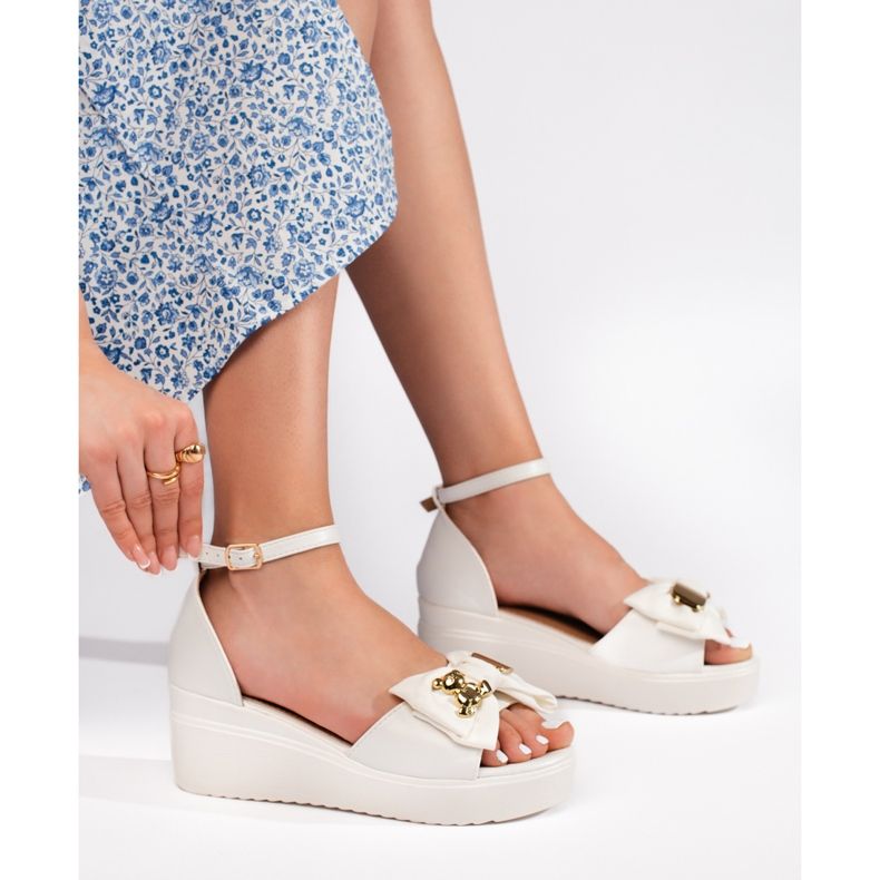 Naisten valkoiset kiila sandaalit rusetilla valkoinen 1