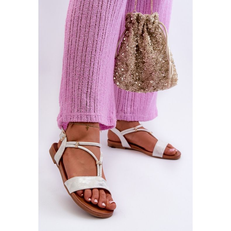 Naisten litteät sandaalit hihnoilla S.Barski KV27-010 Valkoinen ja hopea 1