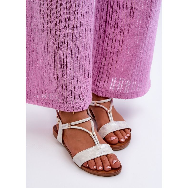 Naisten litteät sandaalit hihnoilla S.Barski KV27-010 Valkoinen ja hopea 2