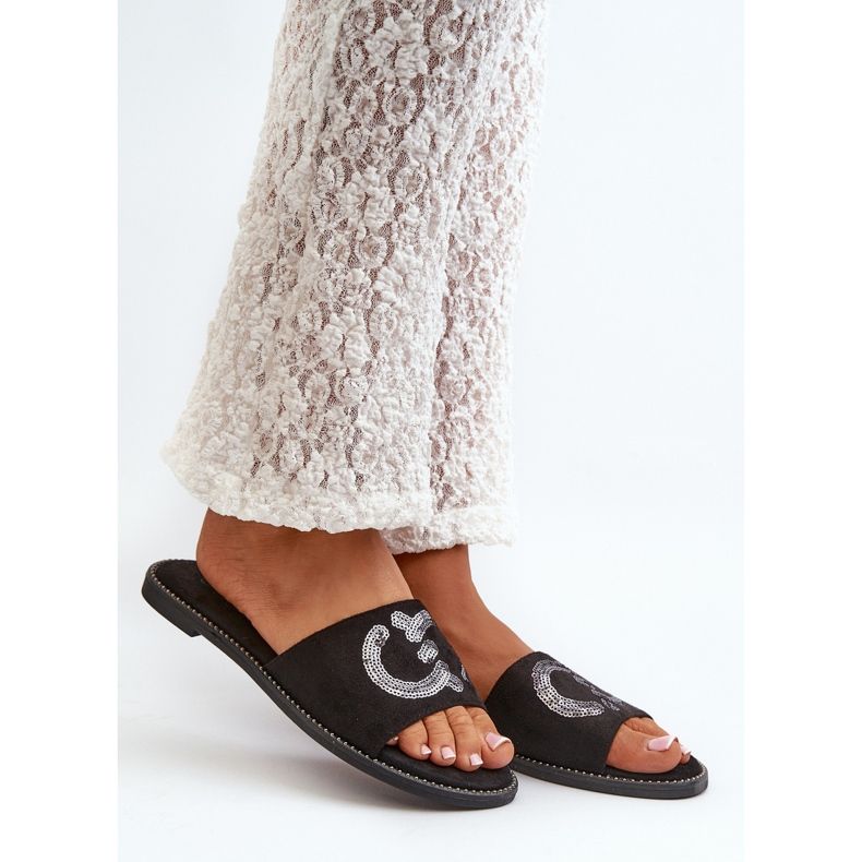 Naisten litteät varvastossut paljeteilla S.Barski KV27-052 musta 2