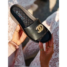 Tyylikkäät, kevyet naisten varvastossut koristeella, luonnonnahkaa S.Barski KV27-013, musta 2