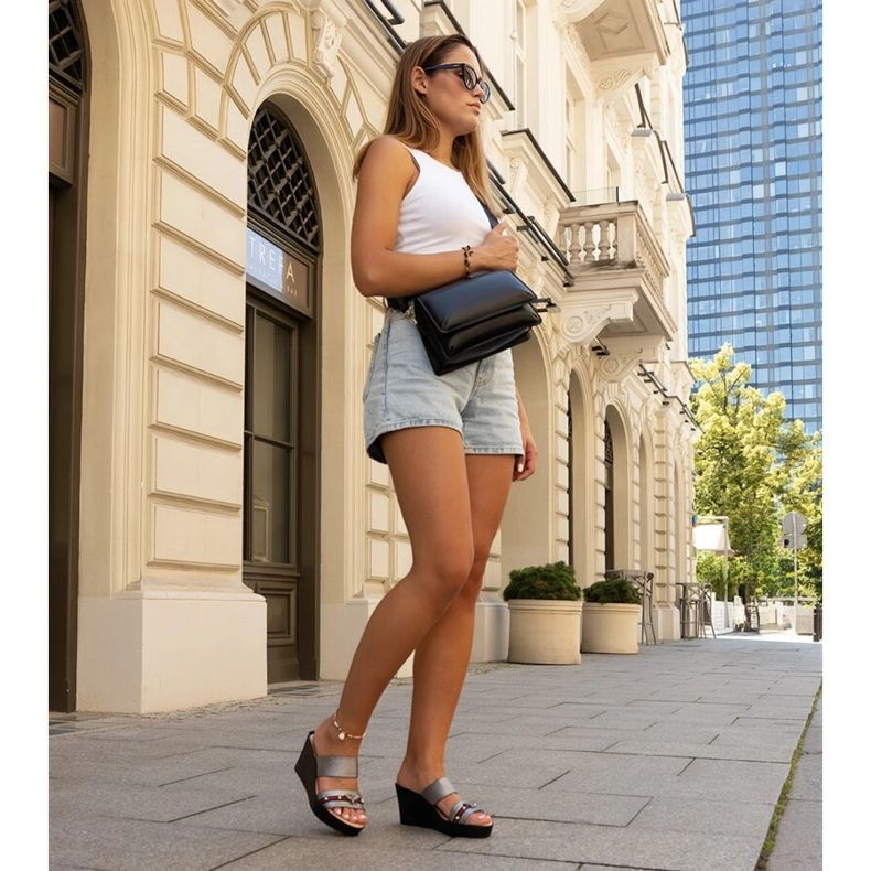 Tummanharmaa metallinen Raja wedge muulit 2