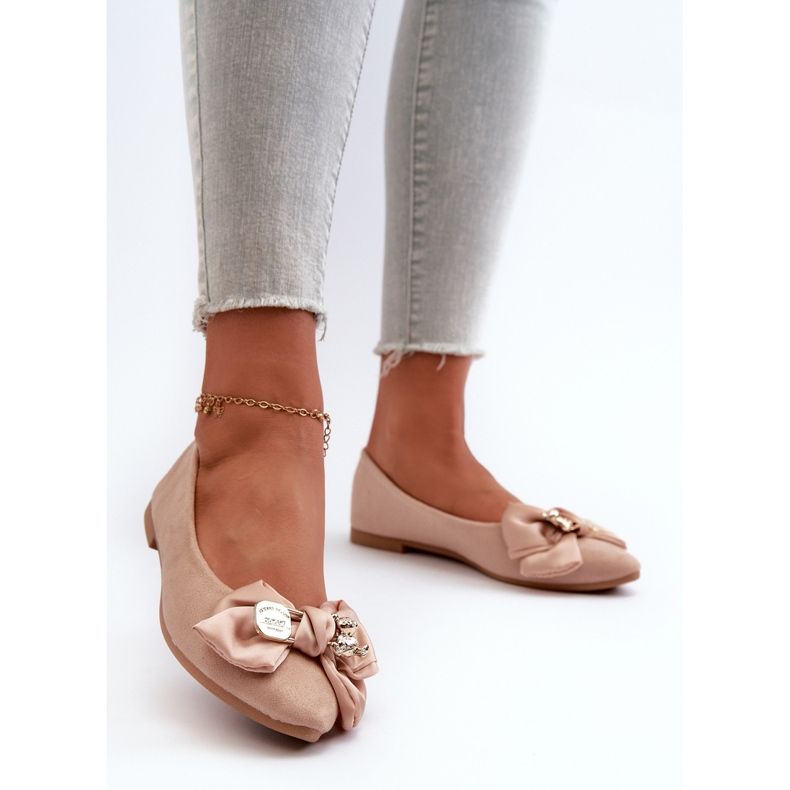 Naisten Eco Suede Ballerinat Rusetilla ja Rintakorulla Beige Satris 2