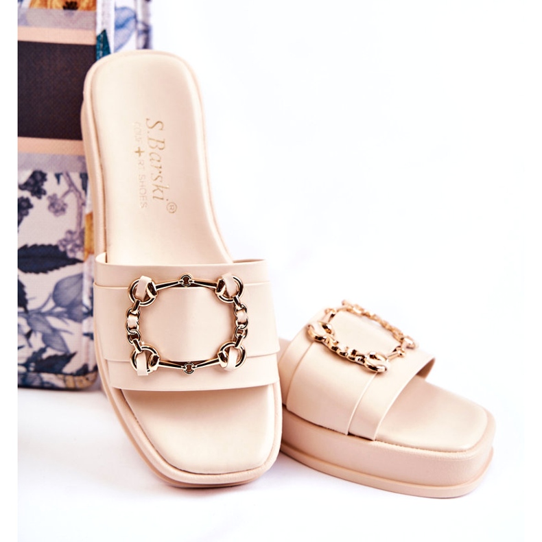 S.Barski Naisten muodikkaat nahkaiset varvastossut kultakoristeilla, beige 3