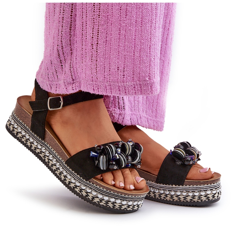 S.Barski Naisten sandaalit kiilalla ja koristeilla musta 4