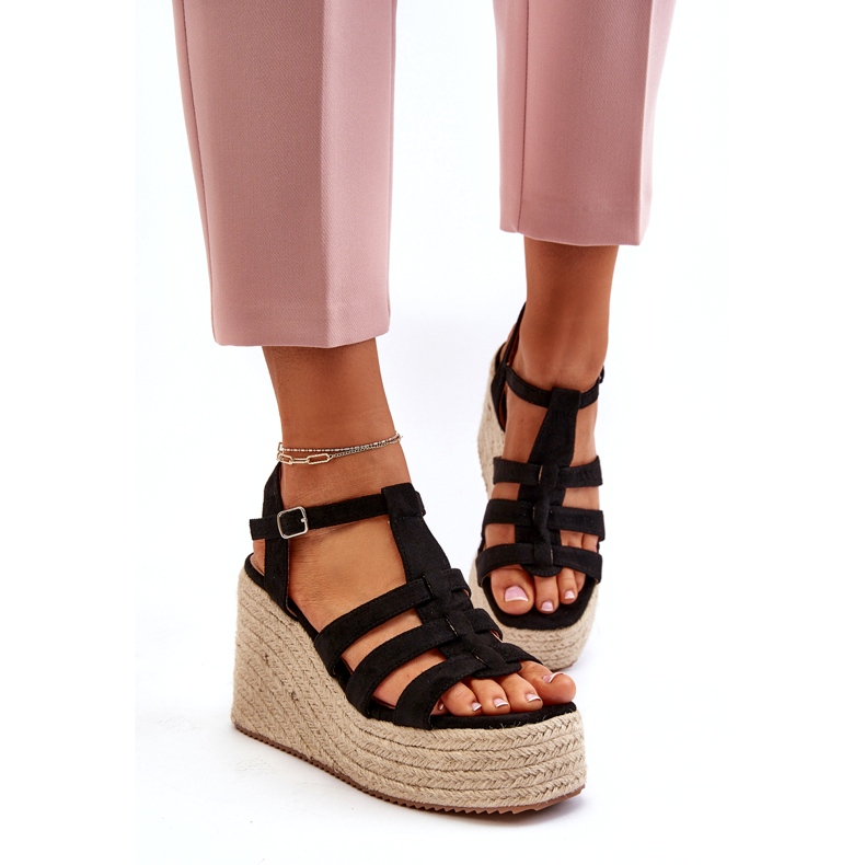 Naisten sandaalit Espadrilles kiilaan mustalla punoksella 1