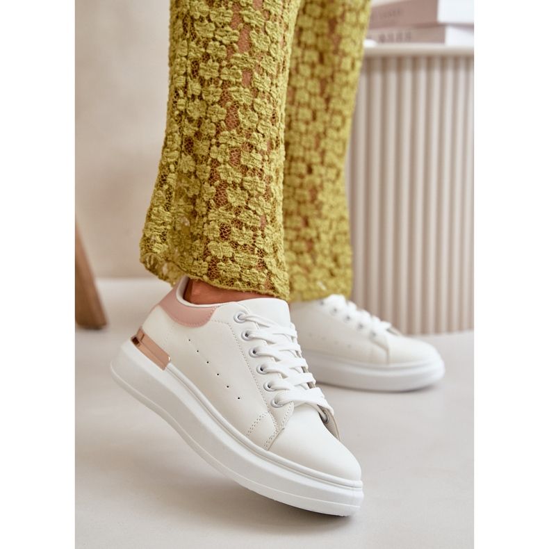 Naisten matalat tennarit alustalla eko-nahasta, valkoista ja vaaleanpunaista, Nevelena valkoinen 2