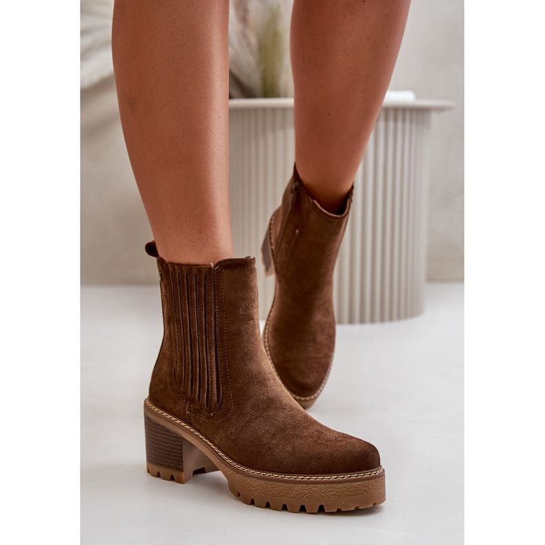 Naisten korkeakorkoiset saappaat Eco Suede -kankaasta, lämmin tummanruskea Nevitas 2