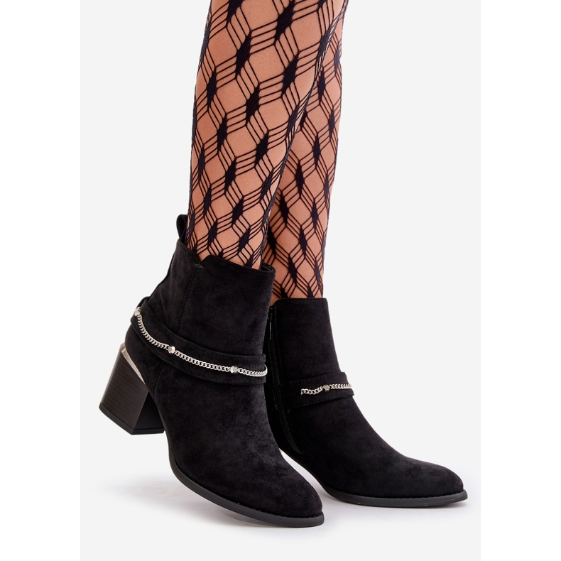 Eristetyt naisten nilkkurit korkealla kantapäällä ketjulla, Eco Suede Black, Hanalen musta 1