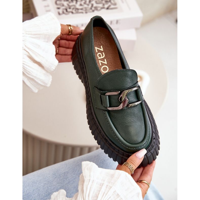 Zazoo 20176 naisten mokasiinikengät, luonnonnahkaa, tummanvihreä 2