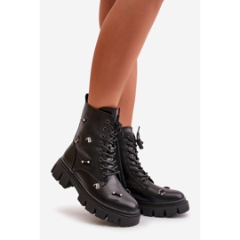 Naisten työsaappaat koristeilla, ekonahkaa, mustaa cadenillaa 1