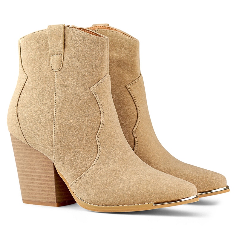 Beiget klassiset naisten mokkanahkaiset cowboy-saappaat korkealla korolla 1