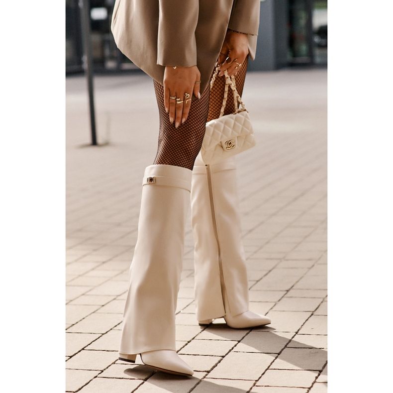 Naisten Eco-nahkasaappaat, joissa on käännetty ylempi korkeakorkoinen vaalea beige Avamora 2