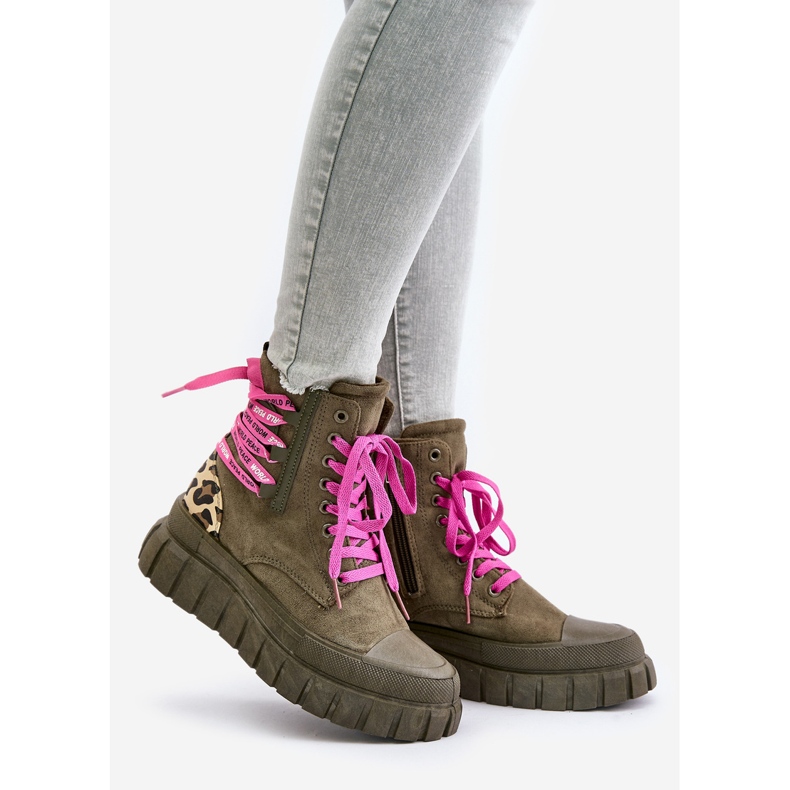 Naisten saappaat, joissa koristeellinen nyöritys, leopardinvihreä Edidda 1
