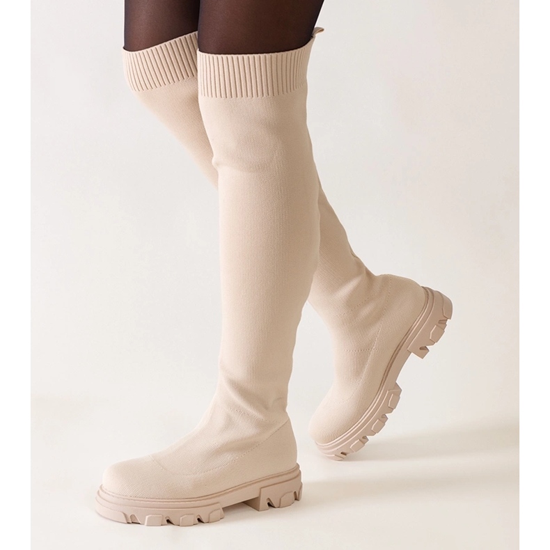 Pitkät beigenväriset kangassaappaat Athira-alustalla 1