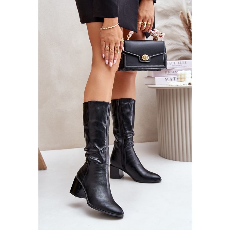 Eristetyt Mid-Calf Eco-nahkaiset korkeakorkoiset saappaat mustat Ellithira 2