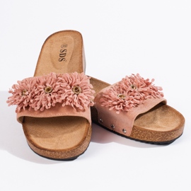 Naisten mokkanahkaiset tossut vaaleanpunaisilla kukilla vaaleanpunainen 2