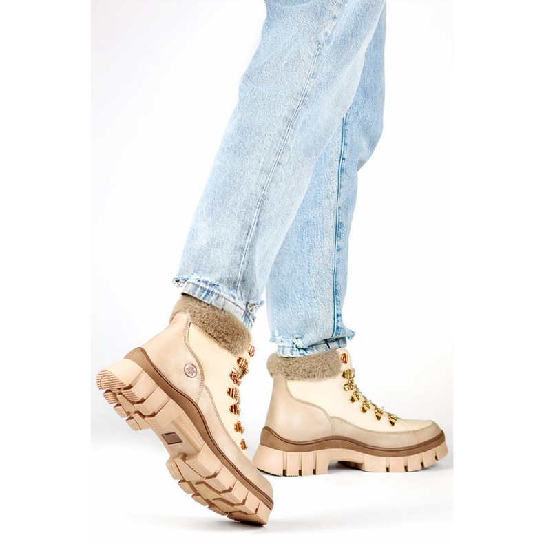 Beige eristetyt naisten talvisaappaat turkisella, nauhasaappaat 1