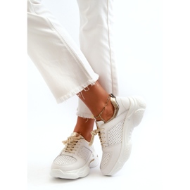 Jezzi Naisten nahkaiset urheilulenkkarit, joissa paksu pohja, valkoinen ja kulta 3