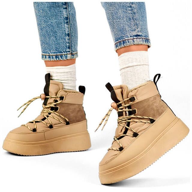 Naisten nauhalliset lumisaappaat, joissa paksu pohja, beige 24-72302BE 2