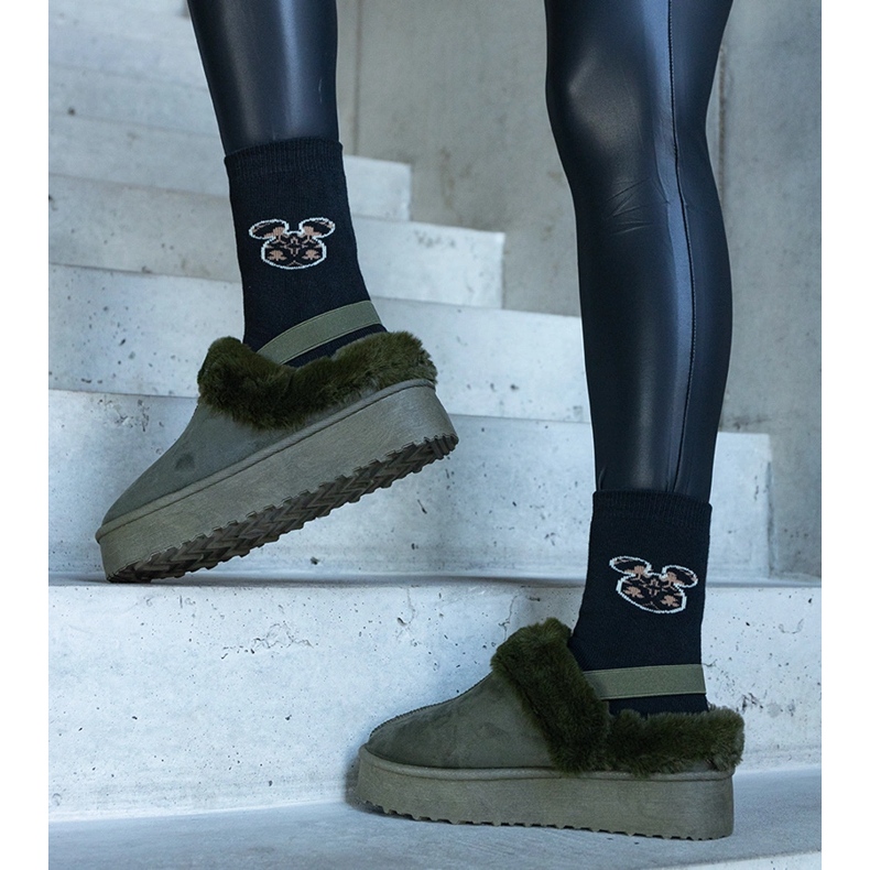 Vihreät alustatossut, joissa on turkista koristeltu ja kuminauha kantapäässä, Frank 1