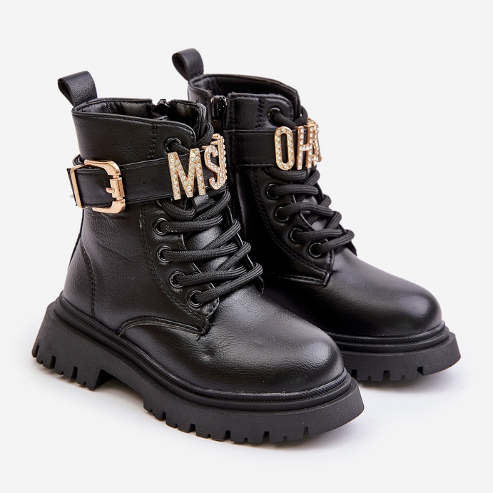 Tyttöjen Eco-nahkaiset lämpimät saappaat koristeellisella hihnalla, musta Gilian 1