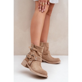 Naisten mokkanahkaiset saappaat matalalla korkokengällä ja olkaimet Zazoo 3644 beige 2