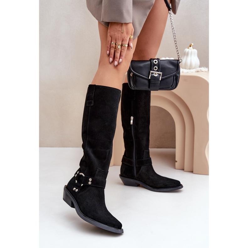 Mokkanahkaiset Cowboy-saappaat matalilla koroilla koristeellisella Zazoo 3656 mustalla 2