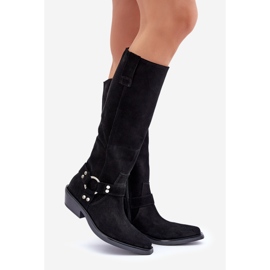 Mokkanahkaiset Cowboy-saappaat matalilla koroilla koristeellisella Zazoo 3656 mustalla 1