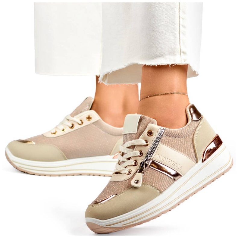 Naisten urheilukengät, beigenväriset glitterlenkkarit 9053-SP-BE 1