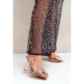 Läpinäkyvät korkeakorkoiset sandaalit kiiltävällä rusetilla, ruusukulta kultainen 2