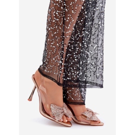 Läpinäkyvät korkeakorkoiset sandaalit kiiltävällä rusetilla, ruusukulta kultainen 1