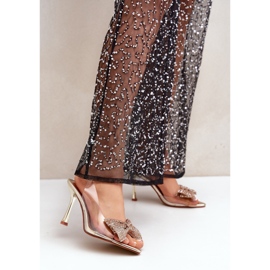 Läpinäkyvät korkeakorkoiset sandaalit kiiltävällä kultaisella rusetilla kultainen 2