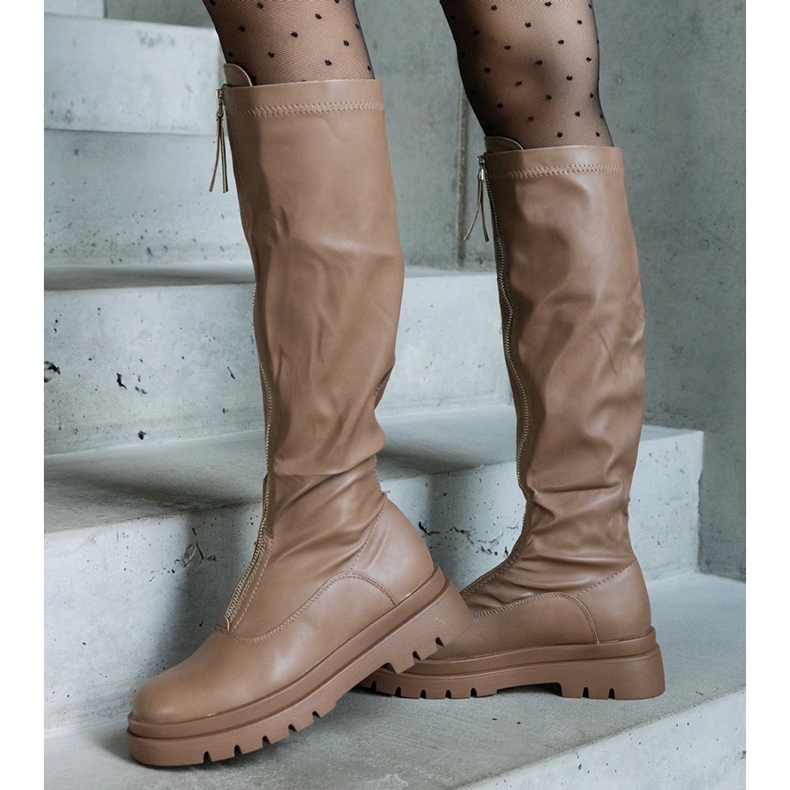 Ruskeat ekologiset nahkasaappaat, joissa tasainen kantapää ja vetoketju 1