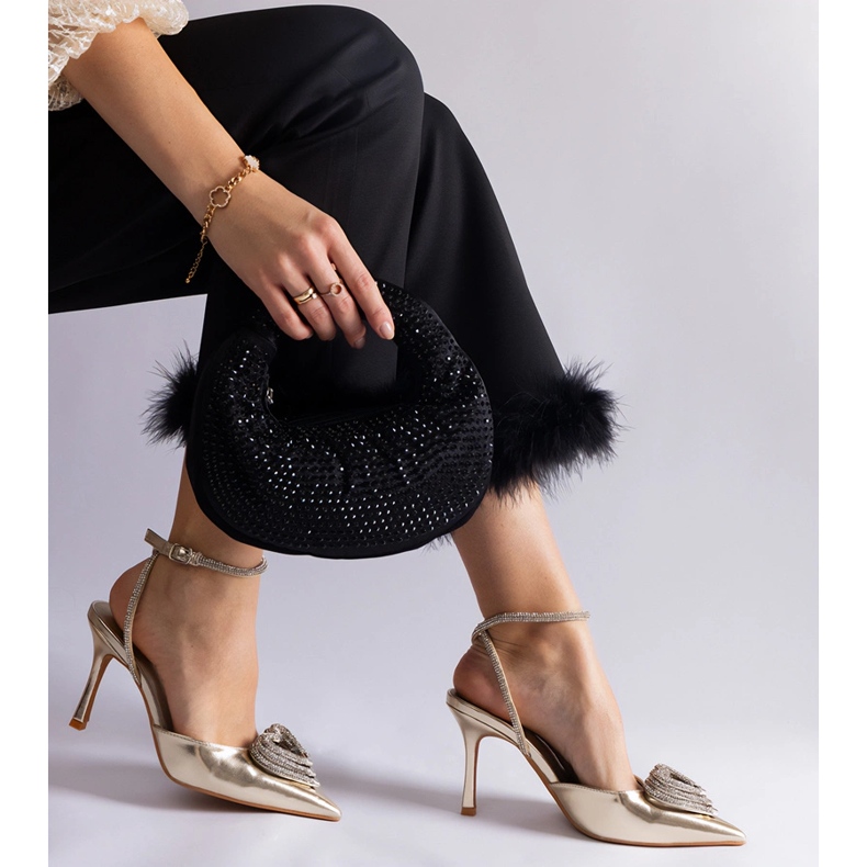 Kullanväriset korkokengät, joissa avokorko, koristeltu zirkoneilla kultainen 2