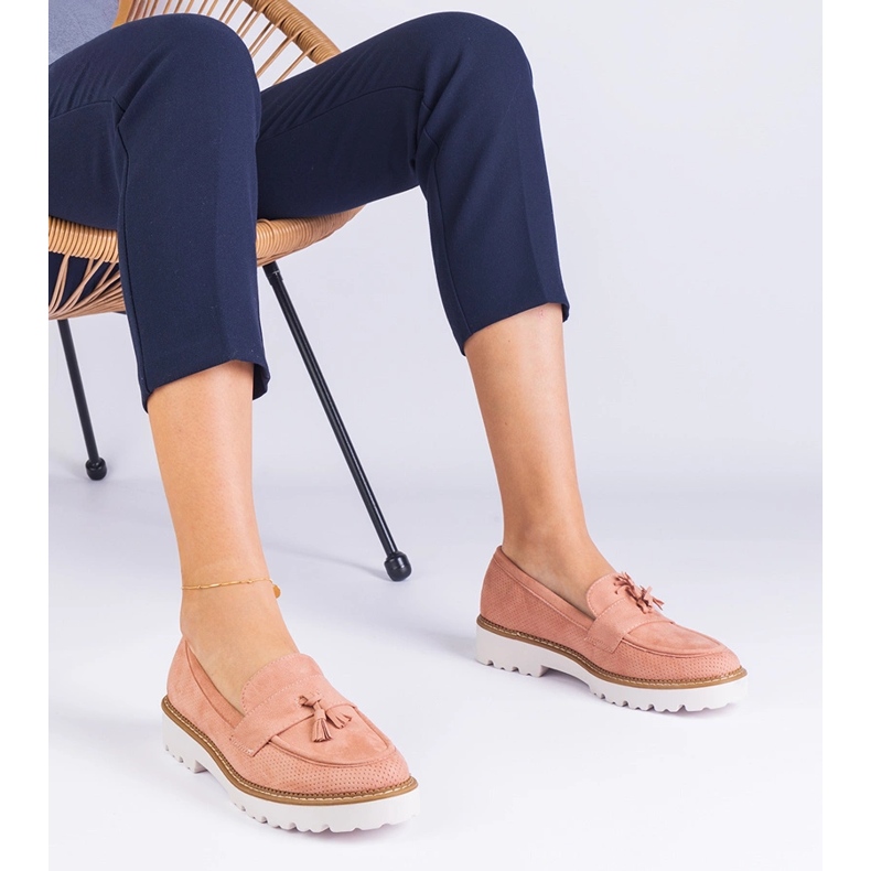 Vaaleanpunaiset naisten mokkasiinit Ekozamszista reunoilla vaaleanpunainen 1