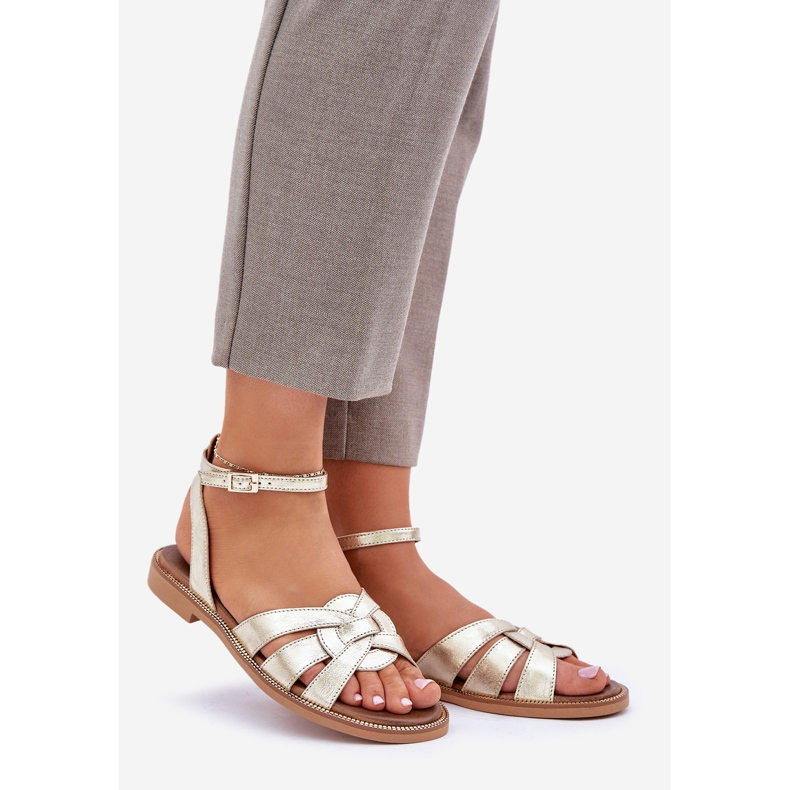 Naisten nahkaiset sandaalit, joissa on litteät korkokengät Zazoo 3688 zlotys kultainen 1