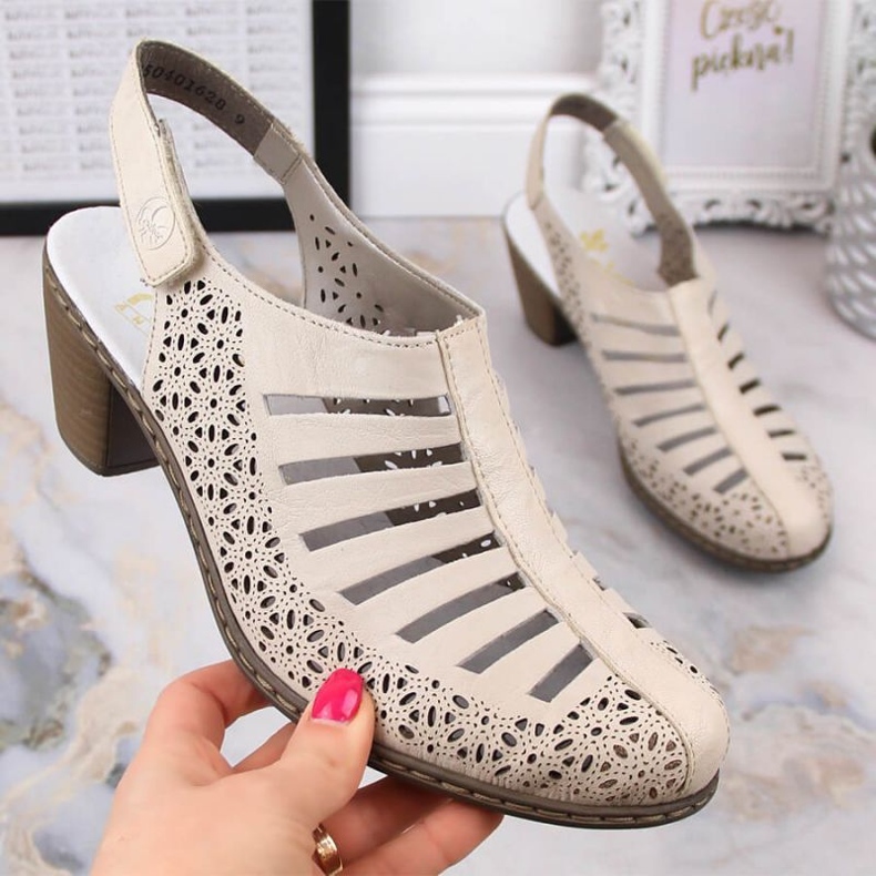 Rieker W RKR49B nahkaiset korkeakorkoiset sandaalit, beige 2