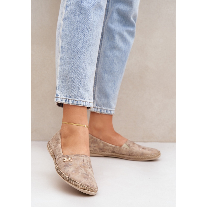 Tyylikäs mokkanahka Espadrilles naisten kukilla Zazoo 10177 beige 2