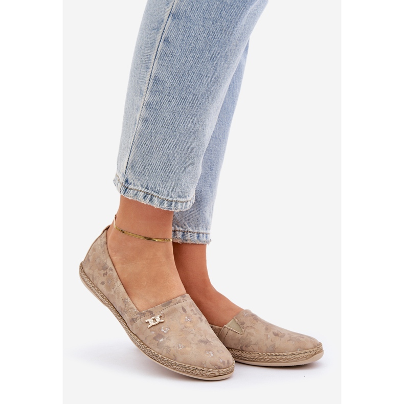 Tyylikäs mokkanahka Espadrilles naisten kukilla Zazoo 10177 beige 1