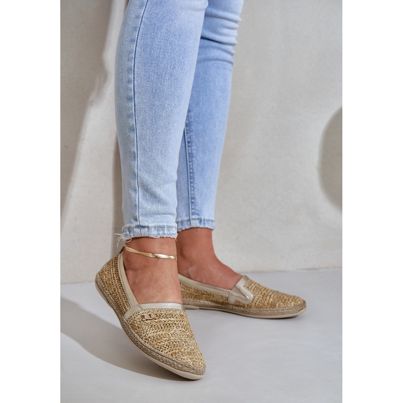Tyylikäs nahka Espadrilles Zazoo 10178 beige ja kultainen punos 2