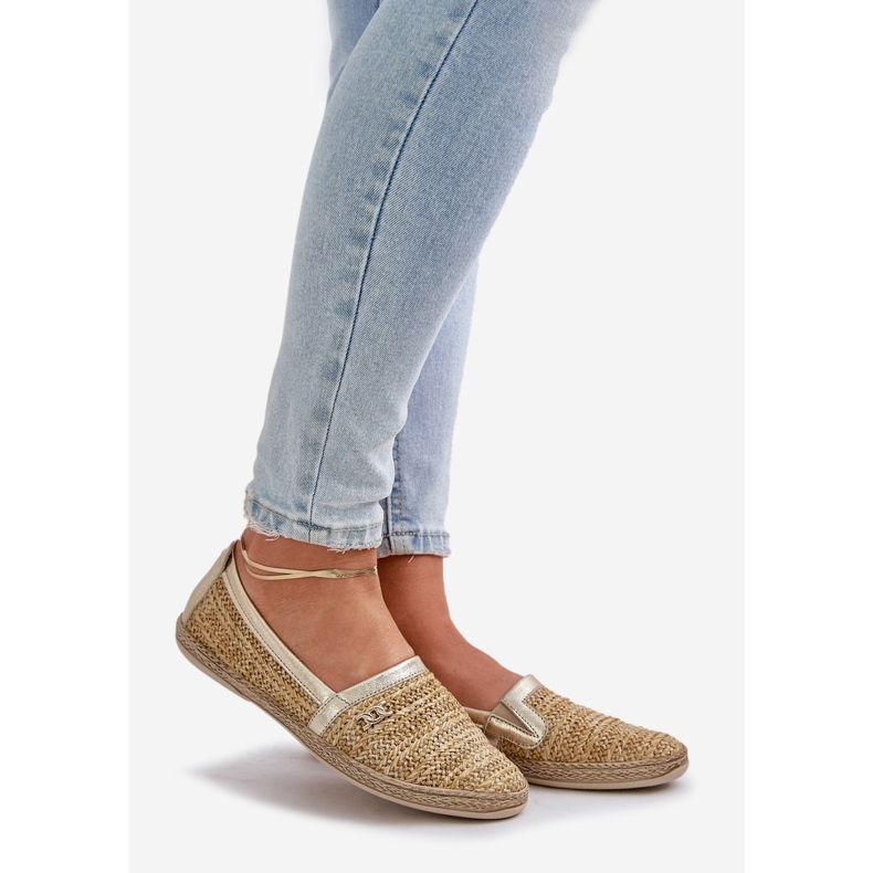 Tyylikäs nahka Espadrilles Zazoo 10178 beige ja kultainen punos 1