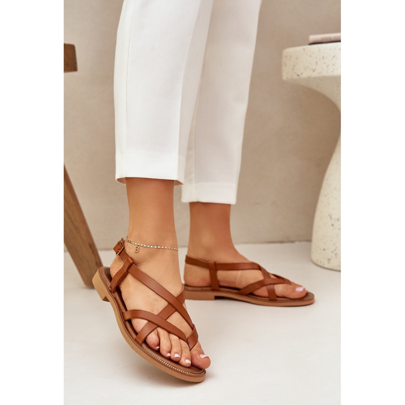 Nahkaiset litteät sandaalit, joissa on kietoutuvat Zazoo 40429 ruskeat hihnat 2