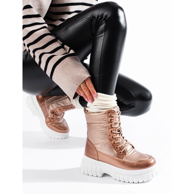 Naisten kullanväriset lumisaappaat nauhoilla kultainen 2