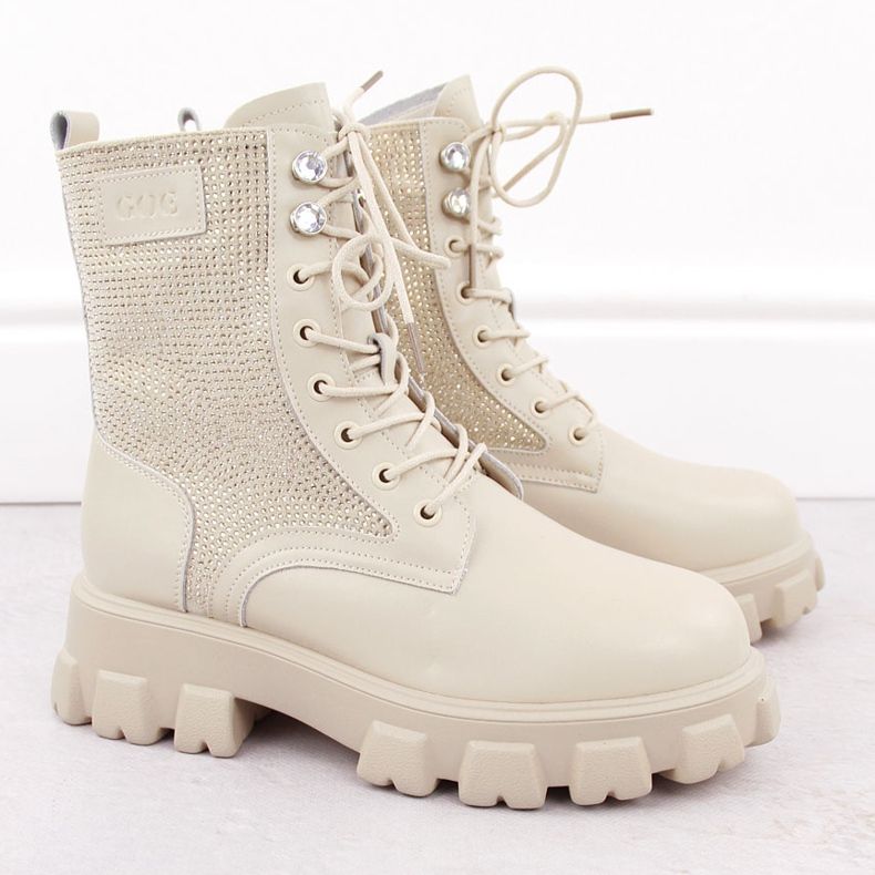 Naisten nahkaiset nilkkurit strassit, beige Goe OO2N4108 2