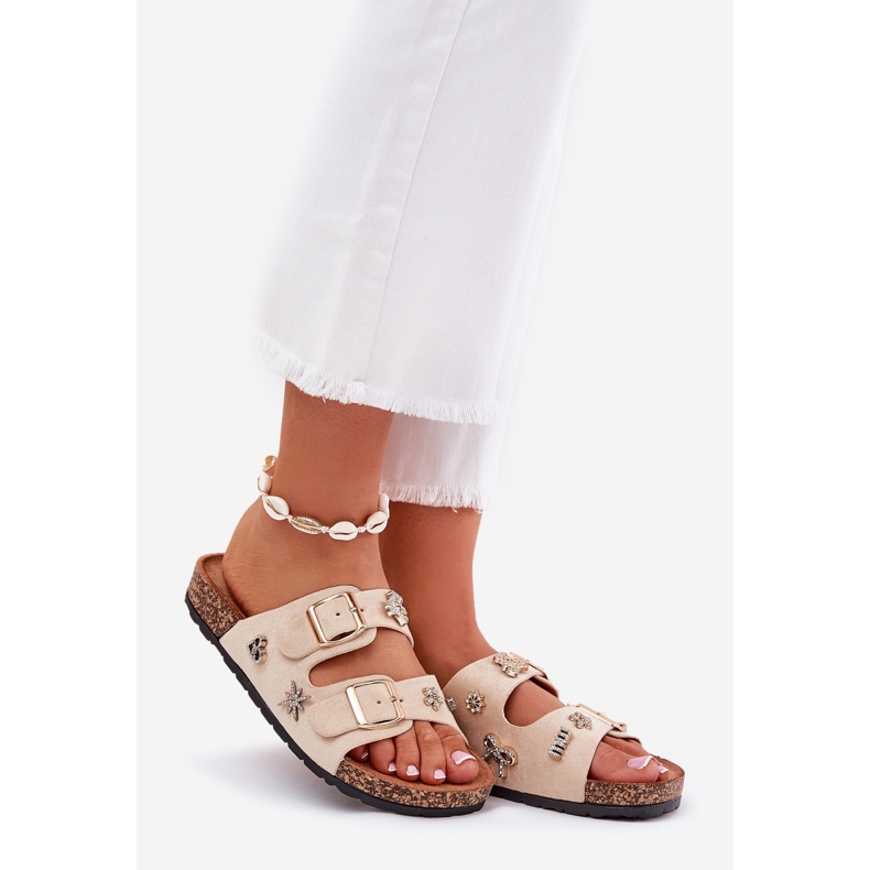 Naisten tossut korkkipohjassa soljet ja nastat beige 1