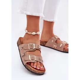 Naisten flip flops korkkipohjassa, jossa on khaki -soljet ja nastat beige 2